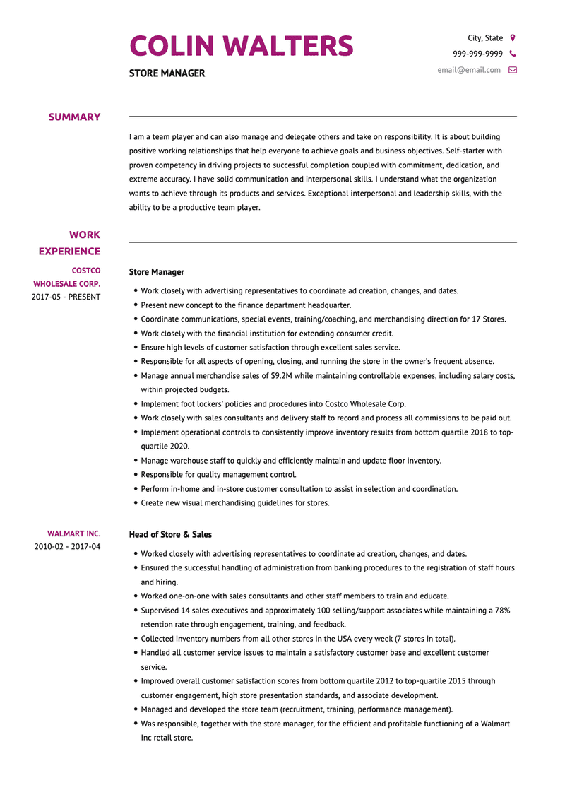 Store Manager CV Example and Template