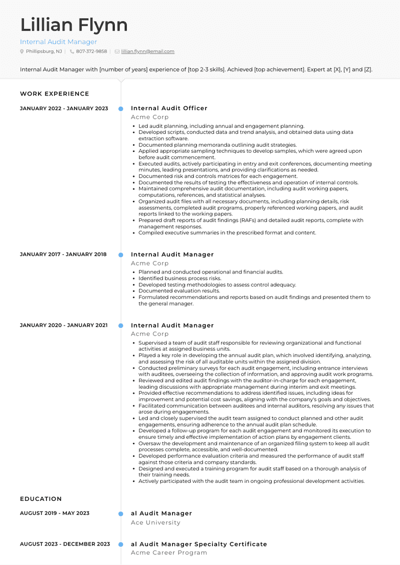 Internal Audit Manager Resume Sample and Template
