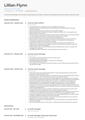 Internal Audit Manager Resume Sample and Template