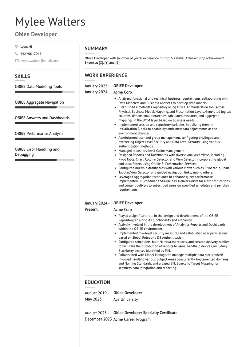 Obiee Developer Resume Sample and Template