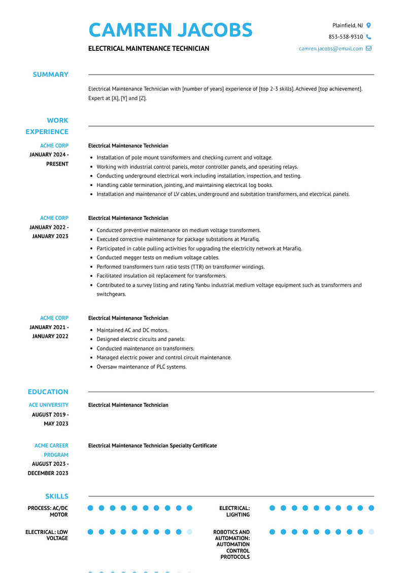 Electrical Maintenance Technician Resume Sample and Template