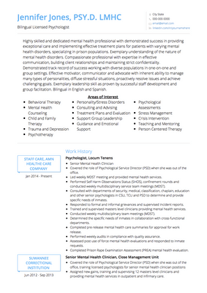 Psychologist CV Example and Template