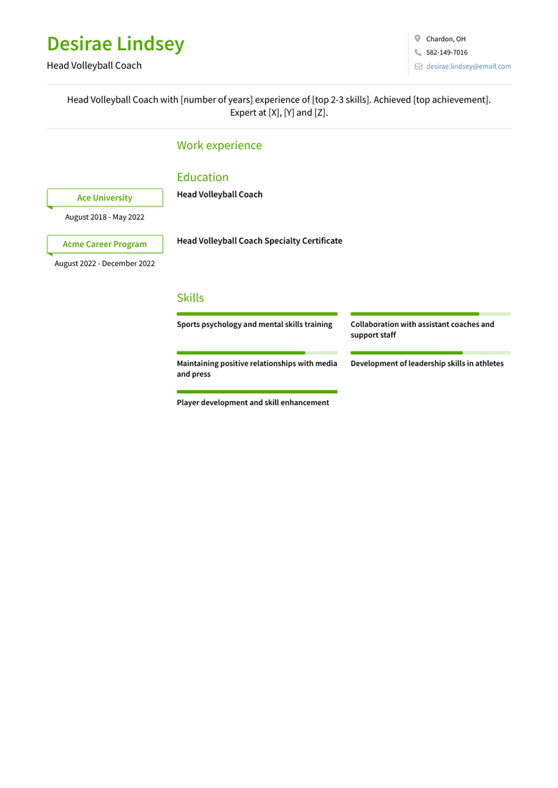 Head Volleyball Coach Resume Sample and Template
