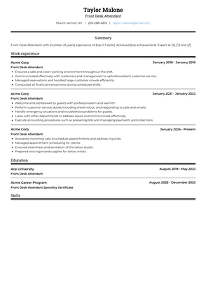 Front Desk Attendant Resume Sample and Template