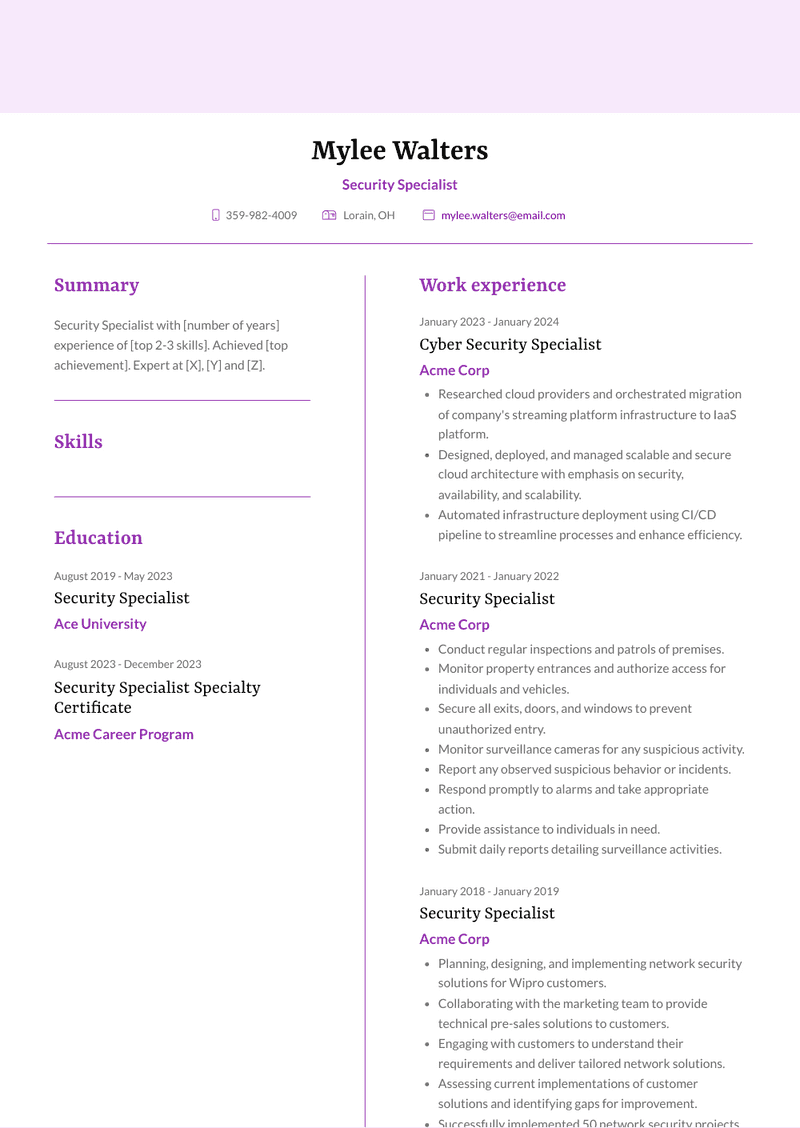 Security Specialist Resume Sample and Template