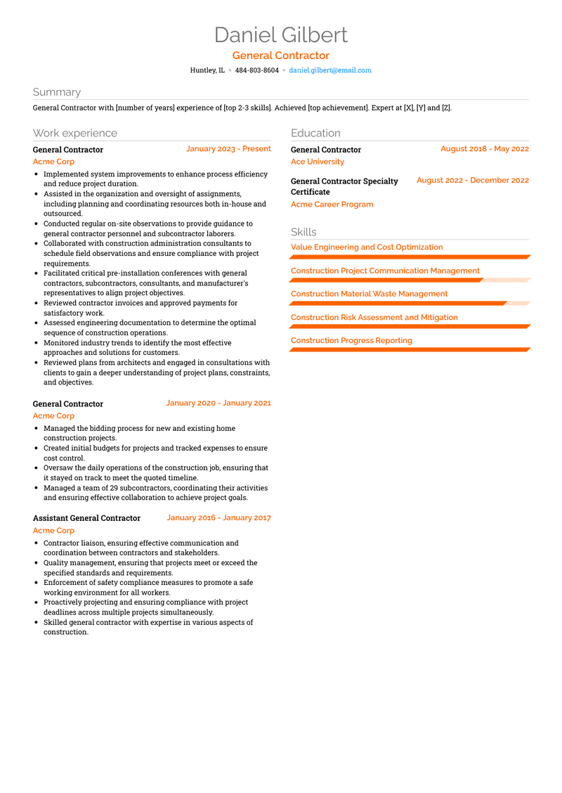 General Contractor Resume Sample and Template