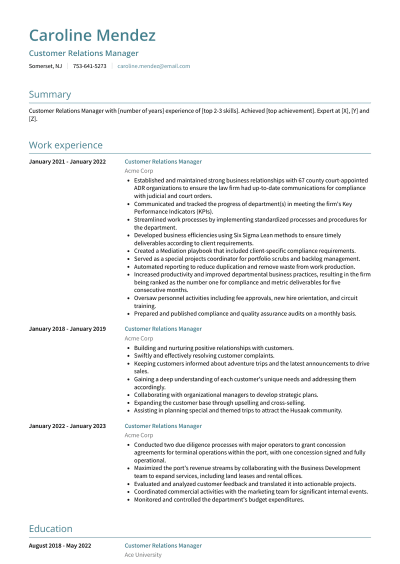 Customer Relations Manager Resume Sample and Template