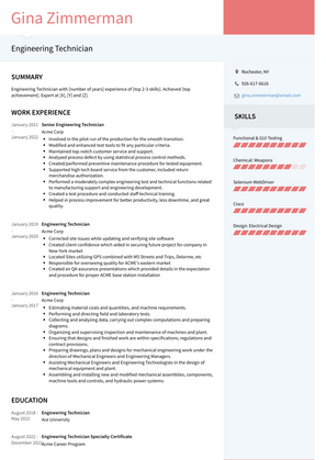Engineering Technician Resume Sample and Template