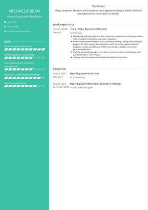 Heavy Equipment Mechanic Resume Sample and Template