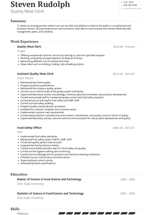 Quality Meat Clerk Resume Sample and Template