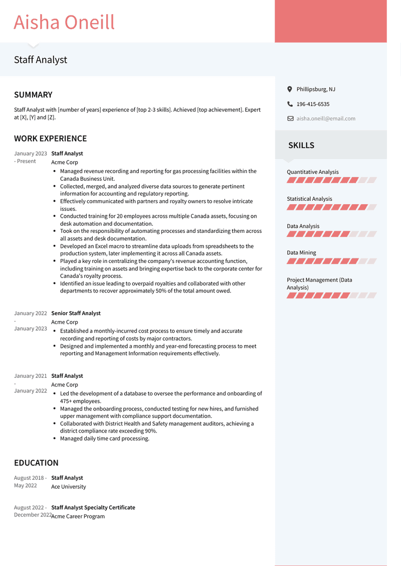Staff Analyst Resume Sample and Template