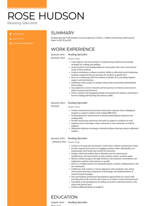 Reading Specialist Resume Sample and Template