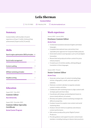 Content Editor Resume Sample and Template