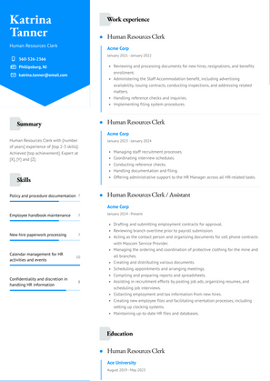 Human Resources Clerk Resume Sample and Template