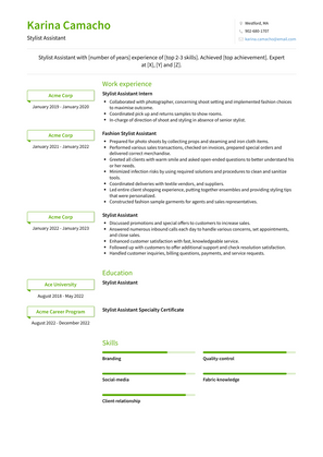 Stylist Assistant Resume Sample and Template