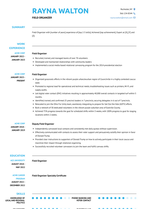 Field Organizer Resume Sample and Template