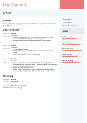 3d Artist Resume Sample and Template