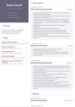 Sap Security Consultant Resume Sample and Template