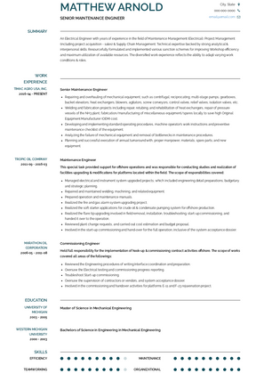 Senior Maintenance Engineer Resume Sample and Template