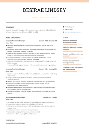 Accounts Receivable Manager Resume Sample and Template