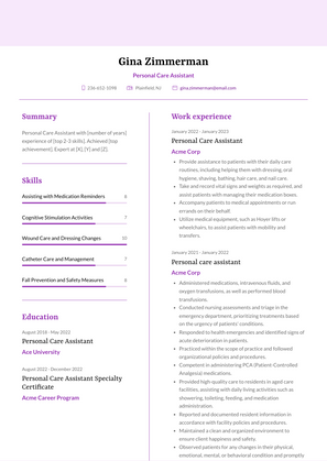 Personal Care Assistant Resume Sample and Template