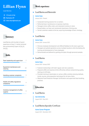 Lead Barista Resume Sample and Template