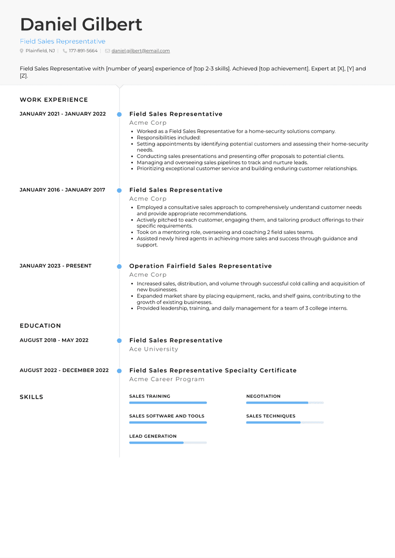 Field Sales Representative Resume Sample and Template