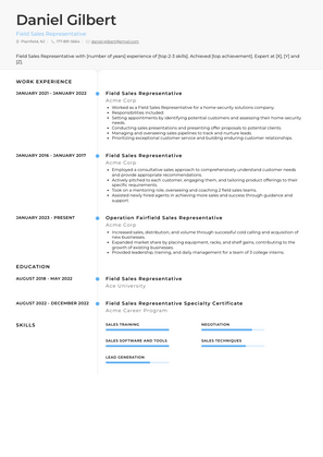 Field Sales Representative Resume Sample and Template