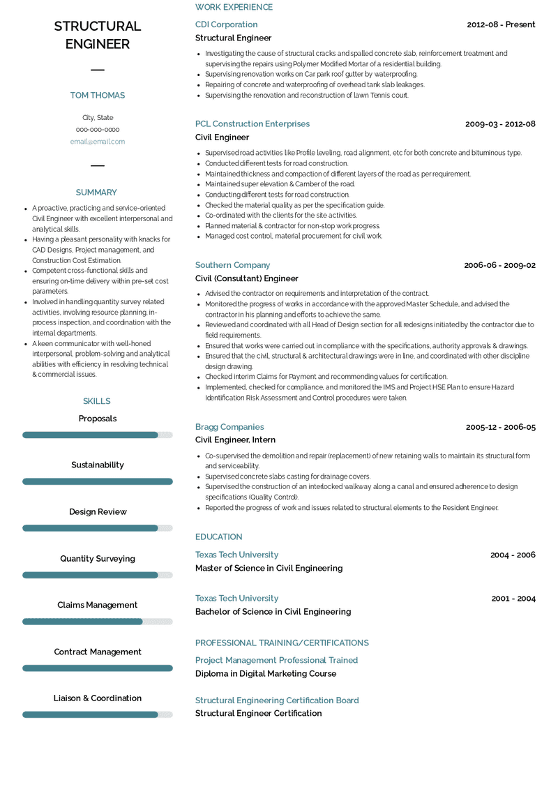 Structural Engineer Resume Sample and Template