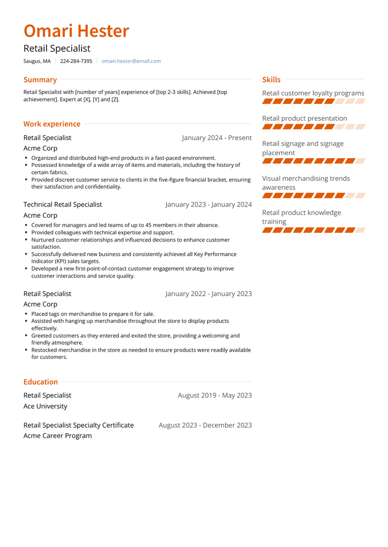 Retail Specialist Resume Sample and Template
