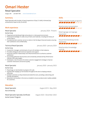 Retail Specialist Resume Sample and Template