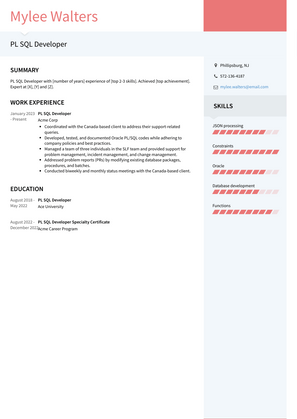 PL SQL Developer Resume Sample and Template