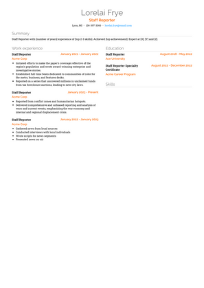 Staff Reporter Resume Sample and Template