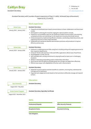 Assistant Secretary Resume Sample and Template