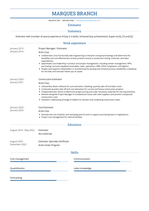 Estimator Resume Sample and Template