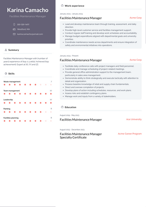 Facilities Maintenance Manager Resume Sample and Template