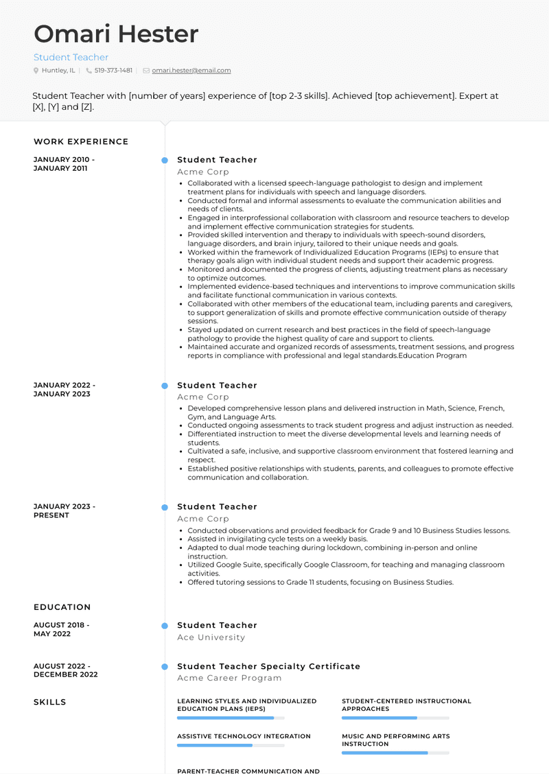 Student Teacher Resume Sample and Template