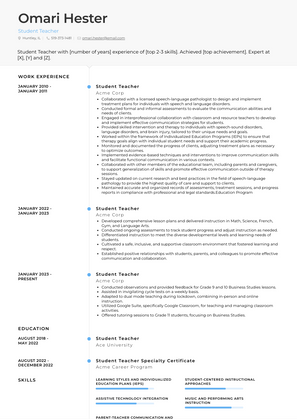 Student Teacher Resume Sample and Template