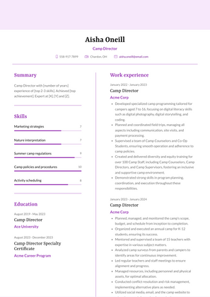 Camp Director Resume Sample and Template