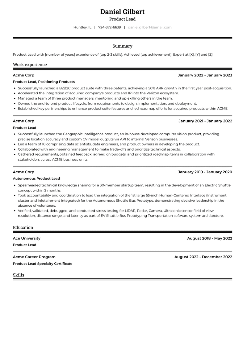 Product Lead Resume Sample and Template