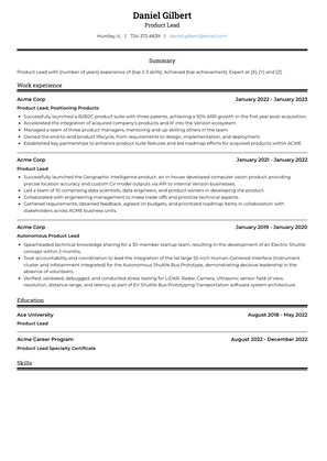 Product Lead Resume Sample and Template
