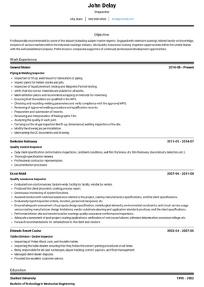 Inspector Resume Sample and Template