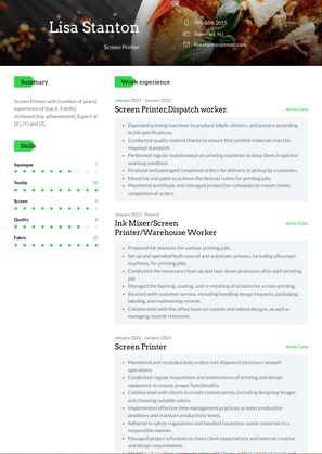 Screen Printer Resume Sample and Template