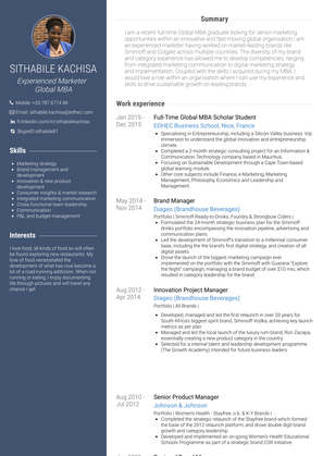 Full Time Global Mba Scholar Student Resume Sample and Template