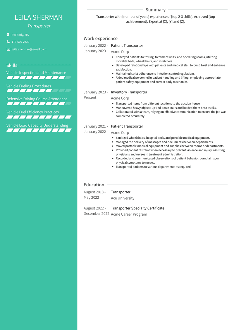 Transporter Resume Sample and Template