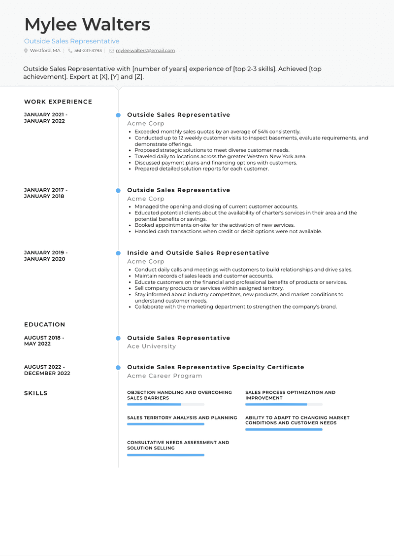 Outside Sales Representative Resume Sample and Template