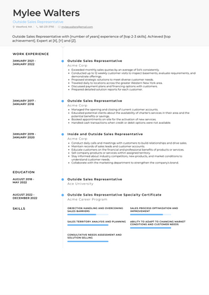 Outside Sales Representative Resume Sample and Template