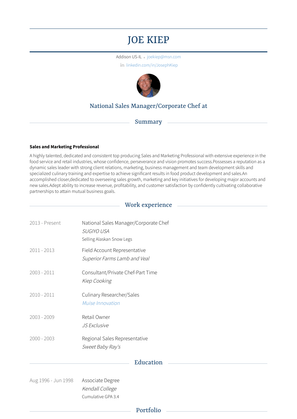 National Sales Manager/Corporate Chef Resume Sample and Template