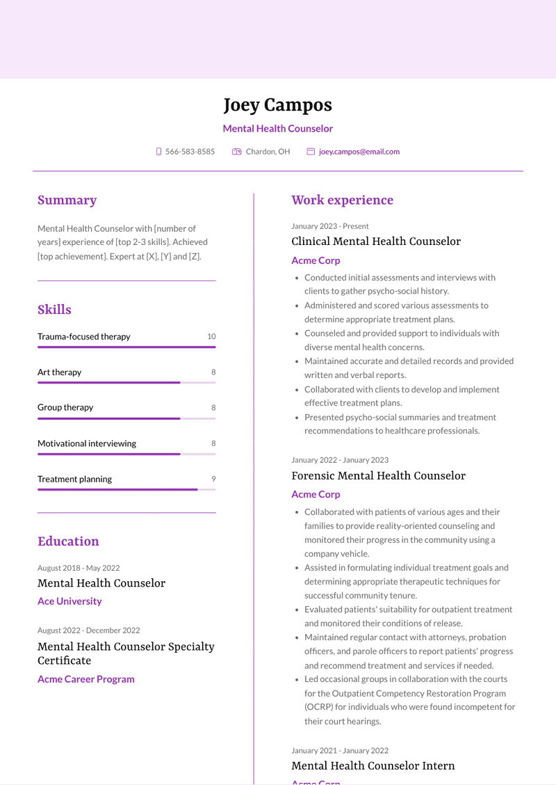 Mental Health Counselor Resume Sample and Template