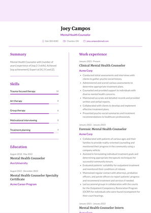 Mental Health Counselor Resume Sample and Template